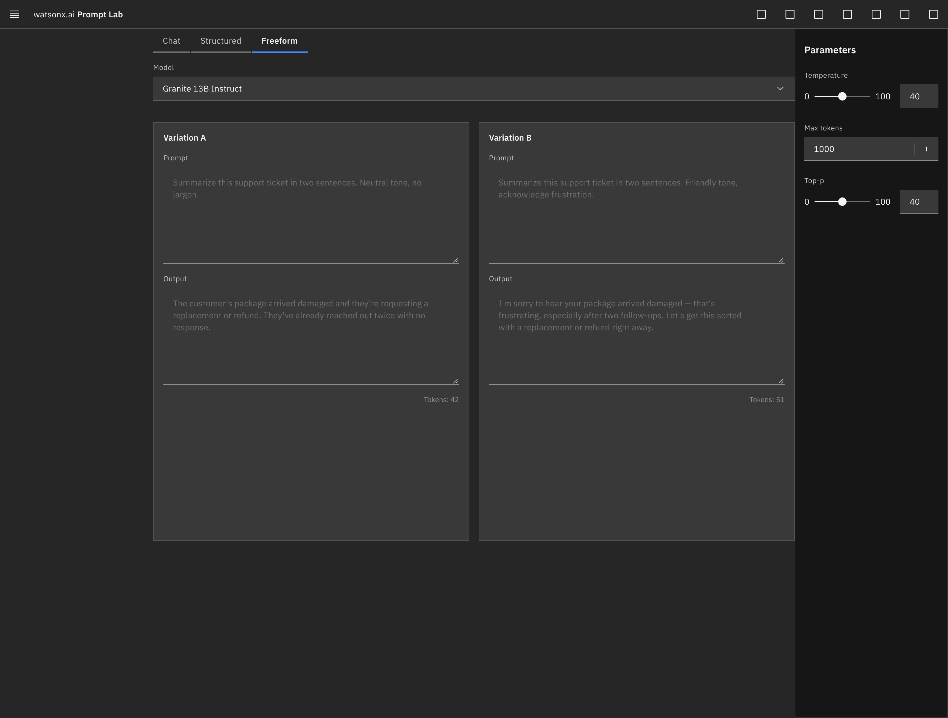 IBM watsonx Prompt Lab Compare View Mockup