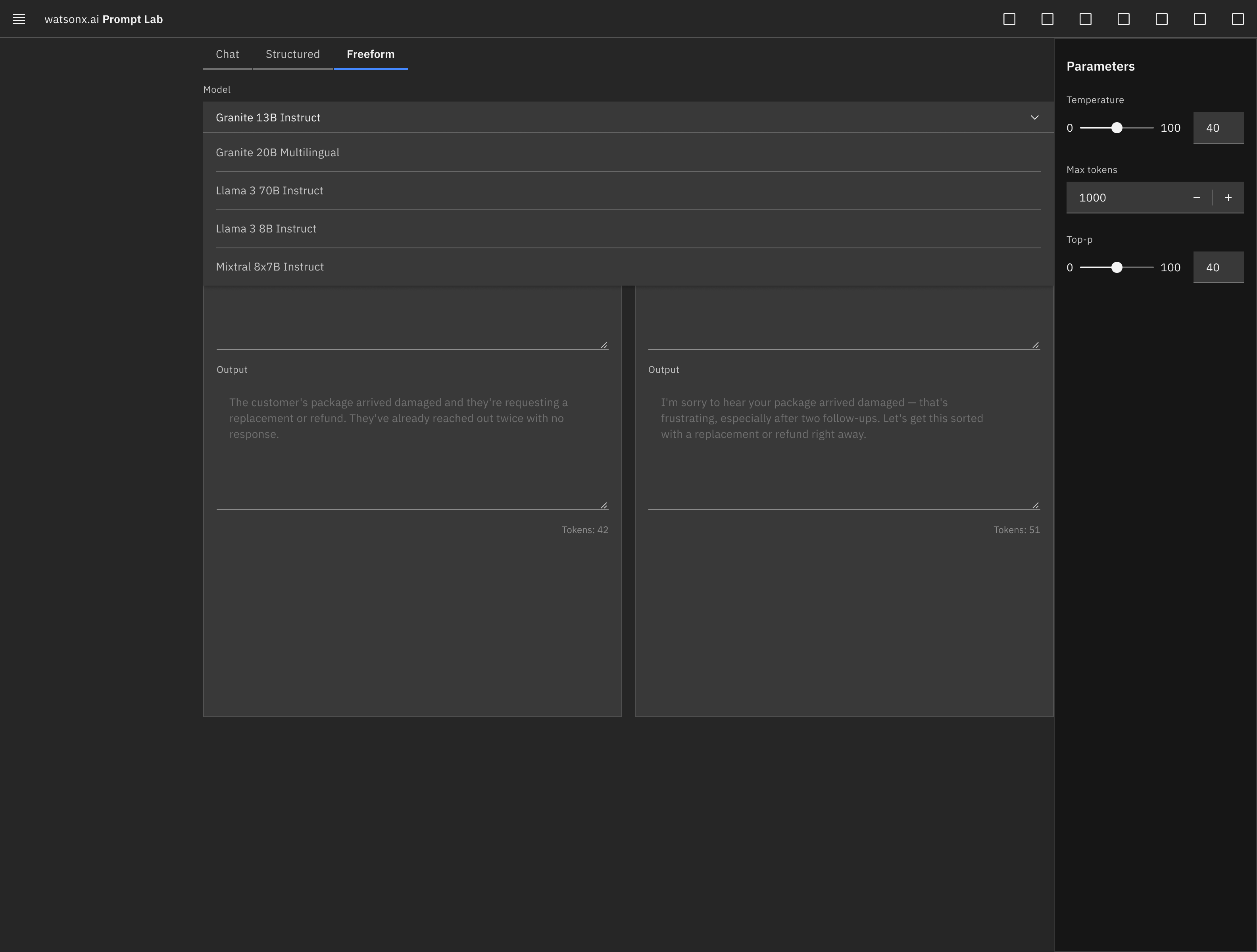 IBM watsonx Prompt Lab Dropdown Component