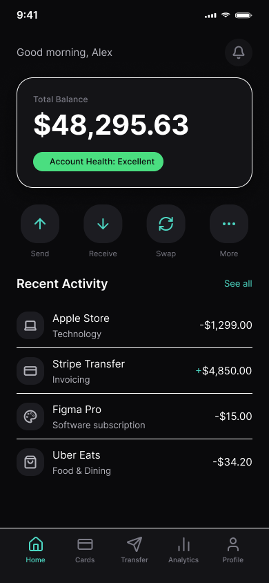 Tomaan Dashboard Screen showing Account balance, Confidence chip and Transactions list