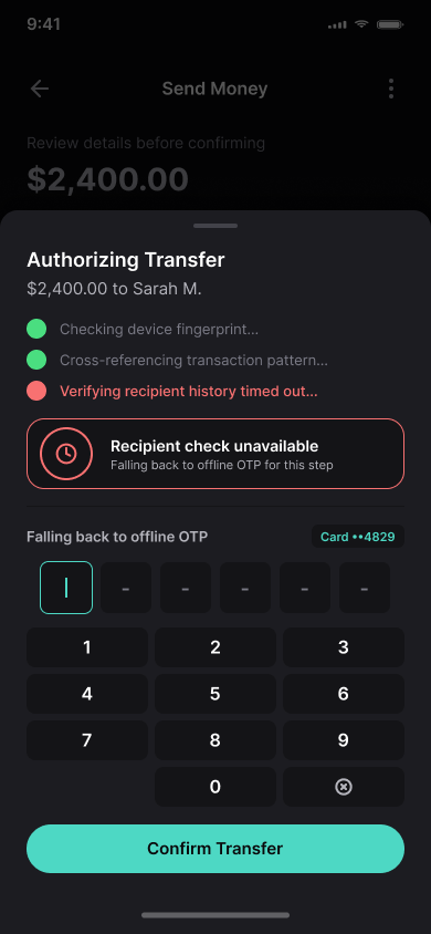 Tomaan Fallback Screen showing offline OTP input layout
