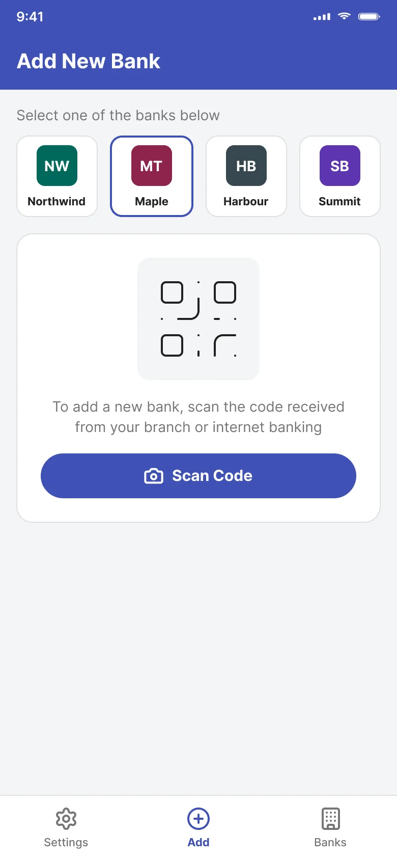 Add New Bank screen with four bank tiles and a Scan Code button