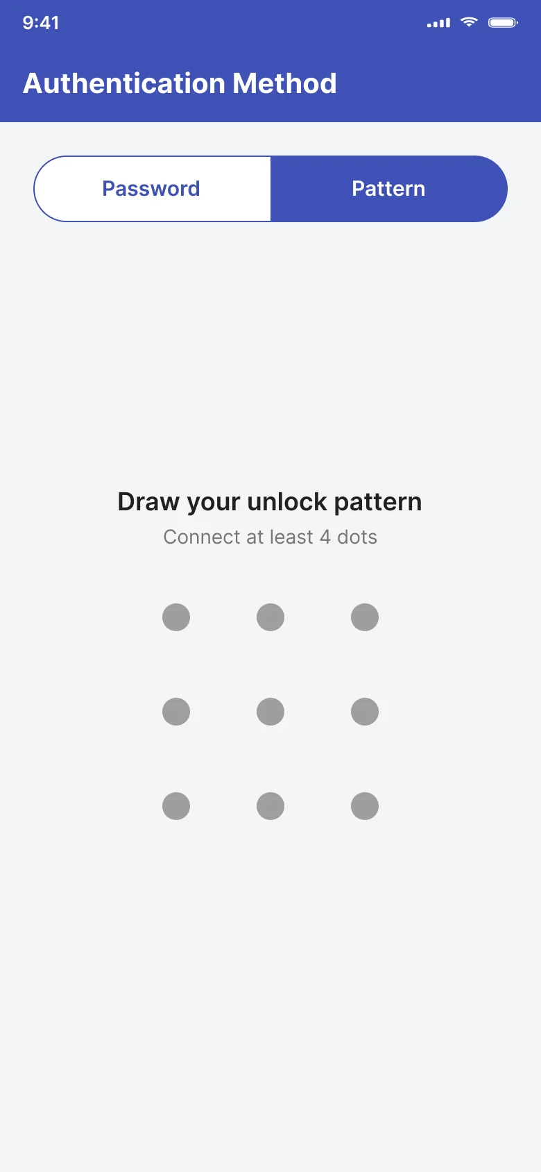 Authentication Method screen with a Password and Pattern toggle and a nine-dot pattern grid