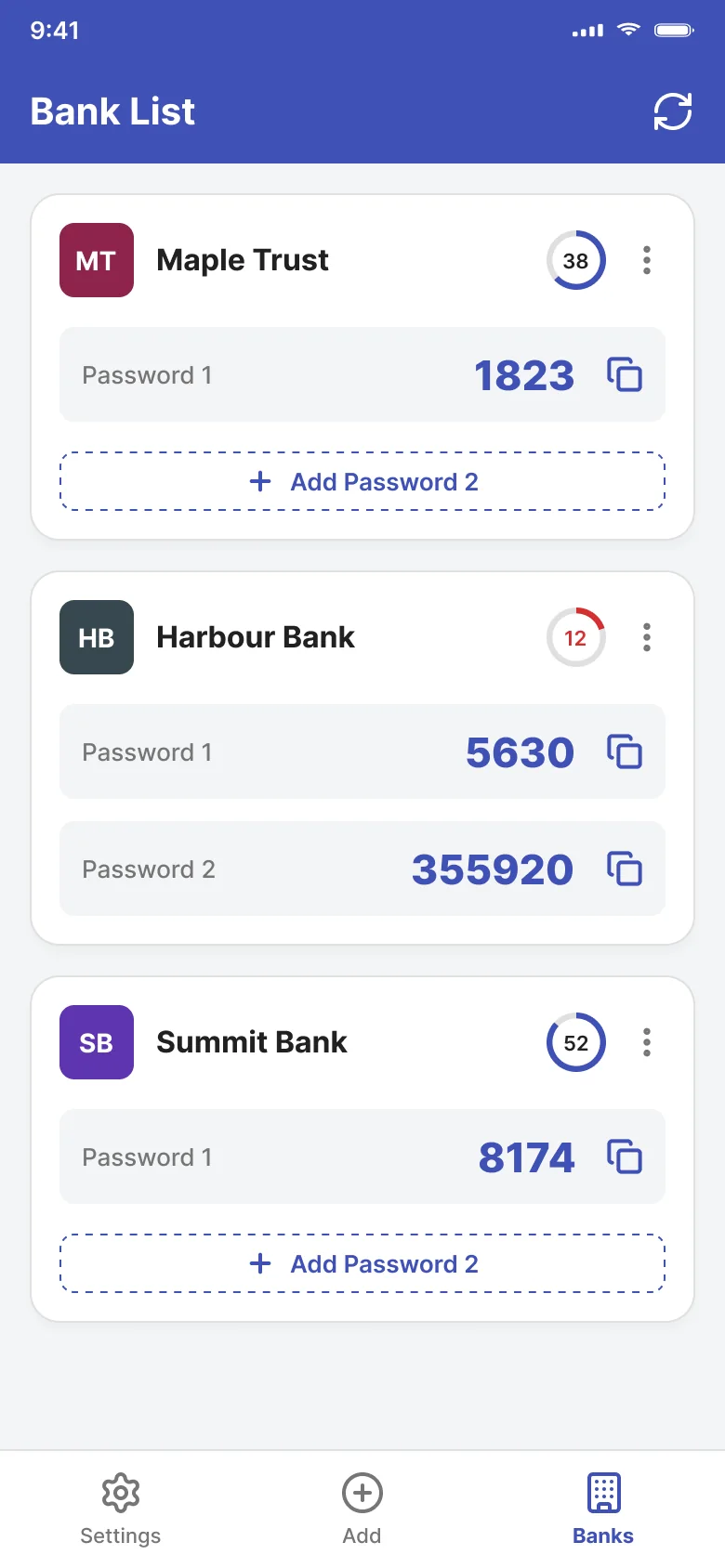 Bank List screen showing three bank cards, each with a password code, a copy button and a countdown ring