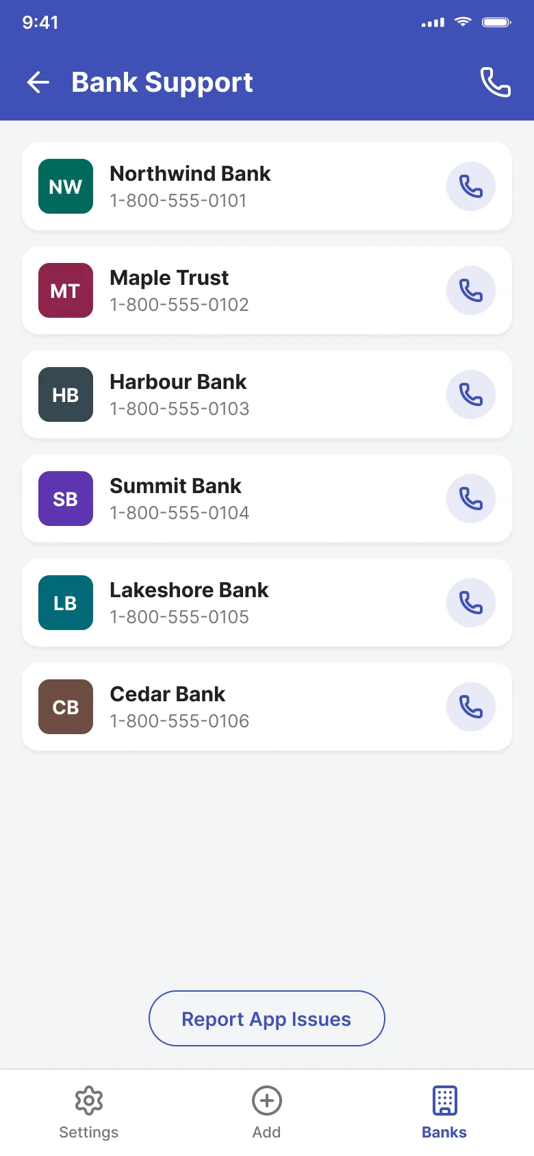 Bank Support screen listing six banks with a call button for each