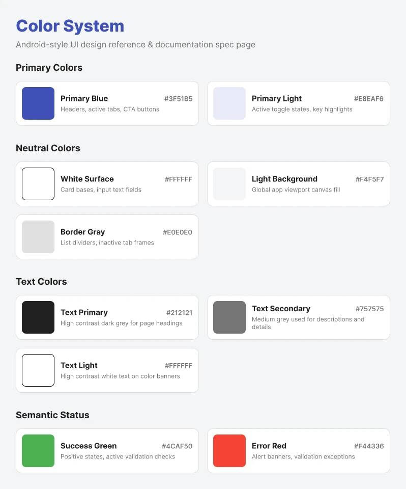 Color system documentation: primary, neutral, text, and semantic status colors with hex values and usage notes