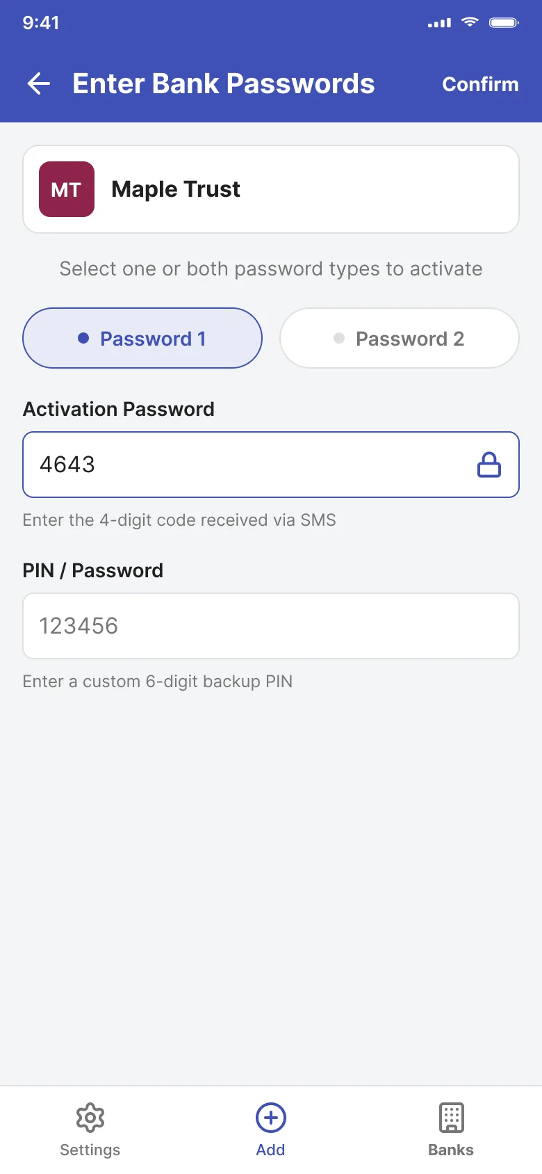 Enter Bank Passwords screen with Password 1 selected, an activation code field and a backup PIN field