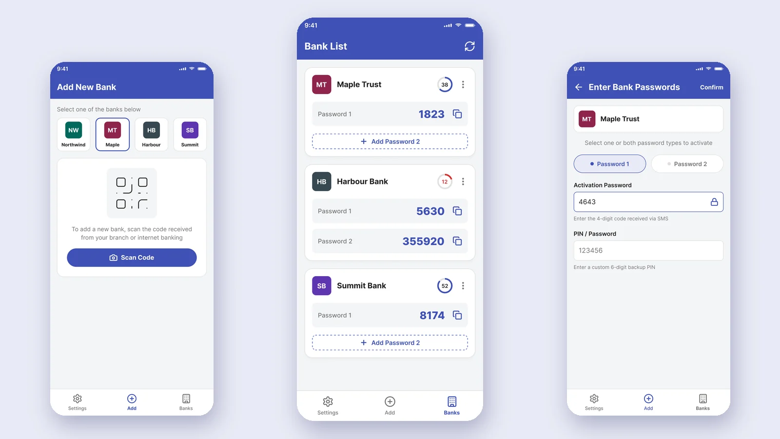 Three screens of the OTP app: adding a bank, the list of banks with password codes and countdown timers, and activating passwords