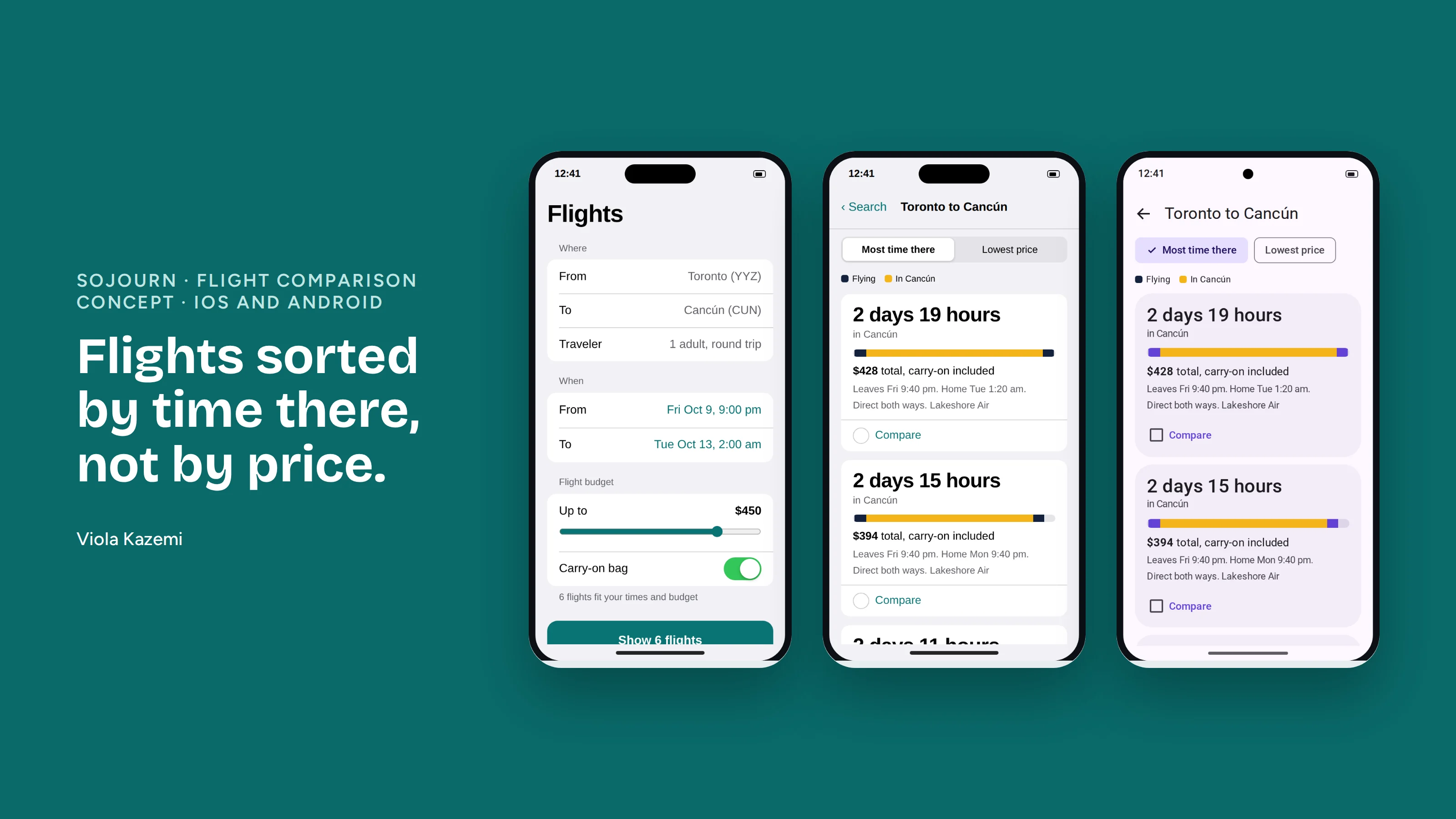 Three screens of the flight comparison app: the search form on iOS, and results sorted by time at the destination on iOS and Android