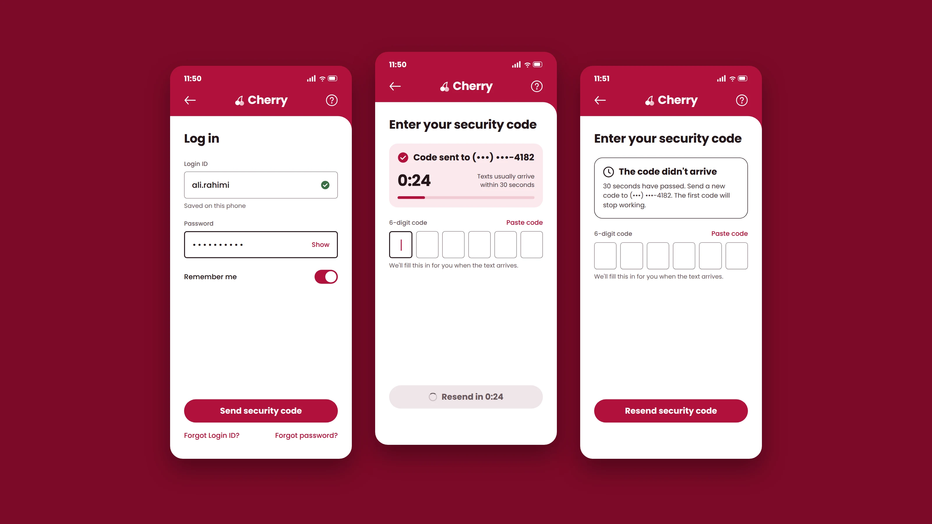 Three screens of the Cherry banking app: the log in screen, the security code screen with a countdown and a locked resend button, and the timeout screen where resend is active again
