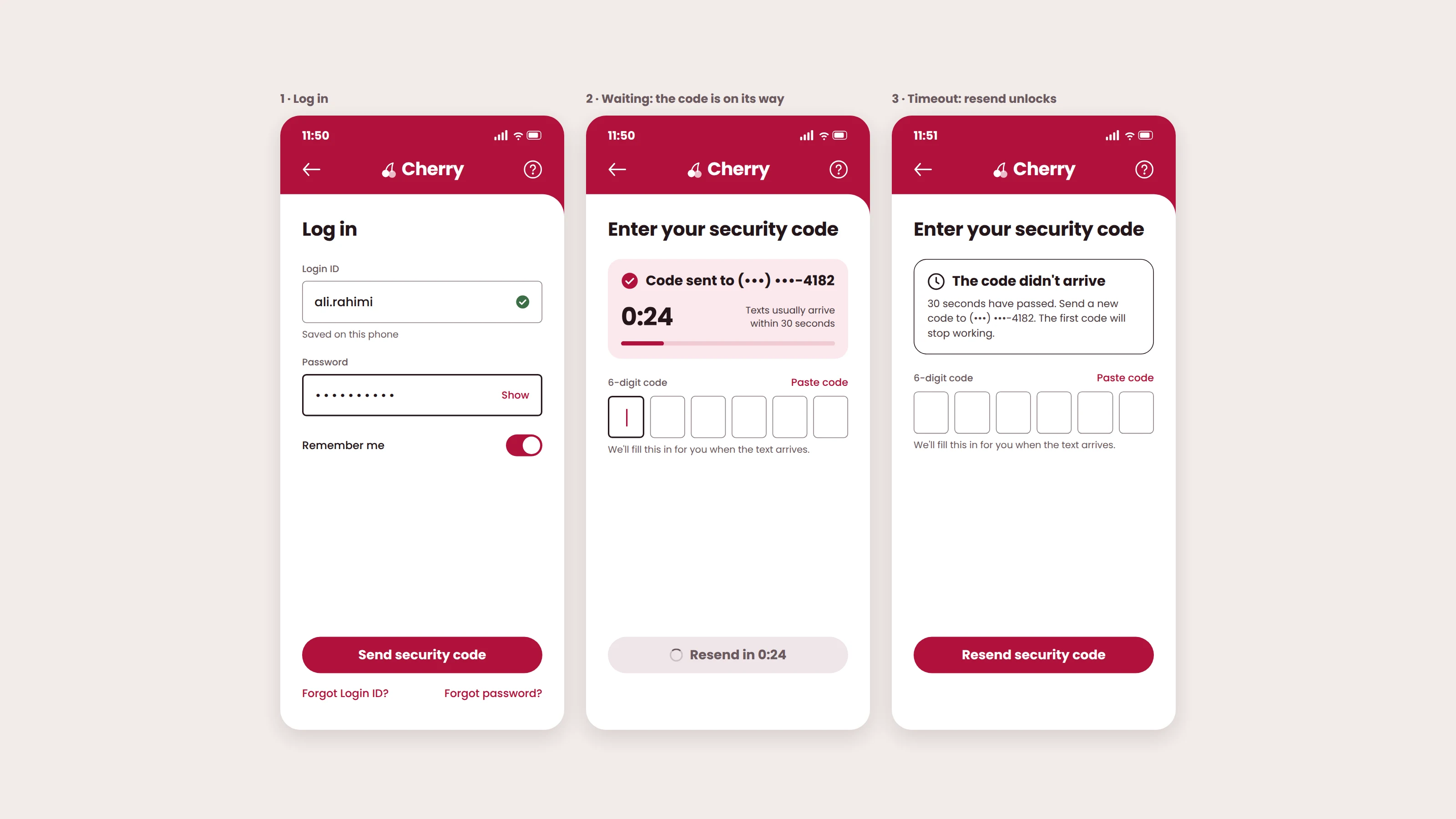 The three Cherry screens side by side: log in with a saved Login ID, the waiting state with a Code sent card, a 0:24 countdown and a locked Resend button, and the timeout state with an active Resend security code button